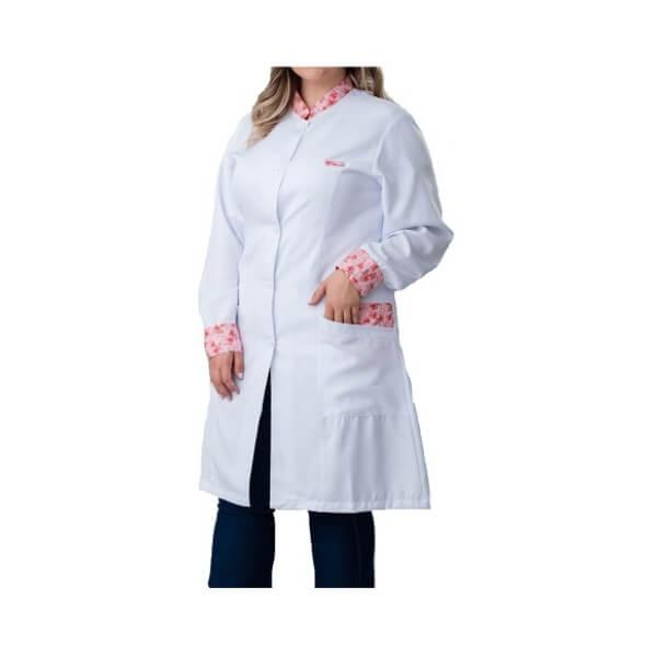 Jaleco Feminino Gabardine Branco Manga Longa Gola Padre e Estampas - Namastê - Dental Access