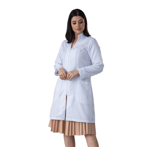 Jaleco Feminino Gabardine Branco Manga Longa Gola Padre Decote V Zíper e Detalhes nos Punhos - Namastê