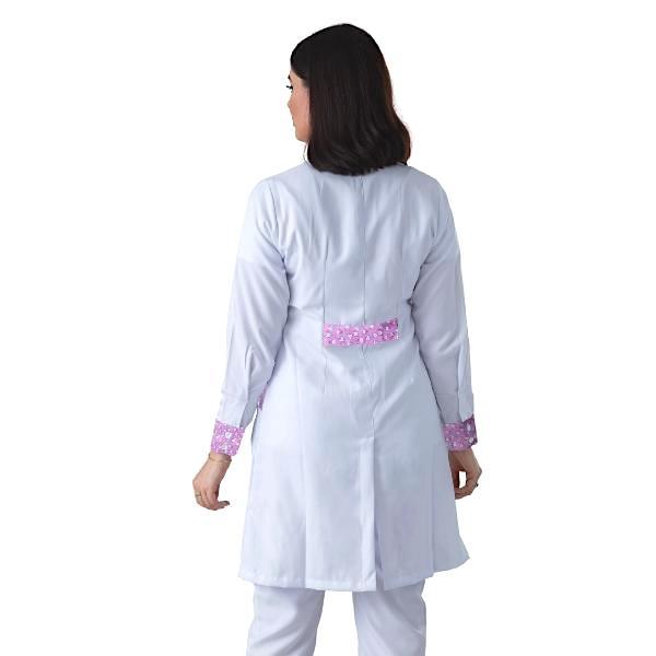 Jaleco Feminino Gabardine Branco Manga Longa Gola Padre e Estampas - Namastê - Dental Access