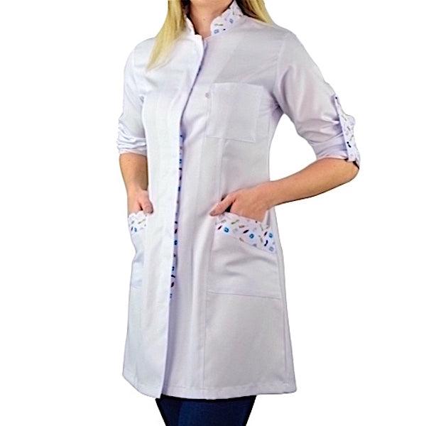 Jaleco Feminino Gabardine Branco Manga Longa Gola Padre Estampado - Namastê