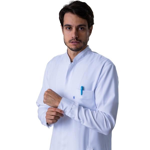 Jaleco Masculino Gabardine Branco Manga Longa Gola Padre Slim Fit - Namastê - Dental Access