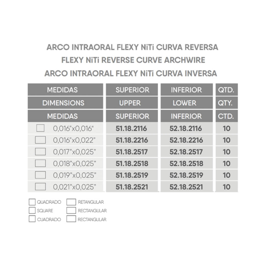 Arco Flexy Niti Reverse Curve 0,016x0,16 Quadrado - Orthometric