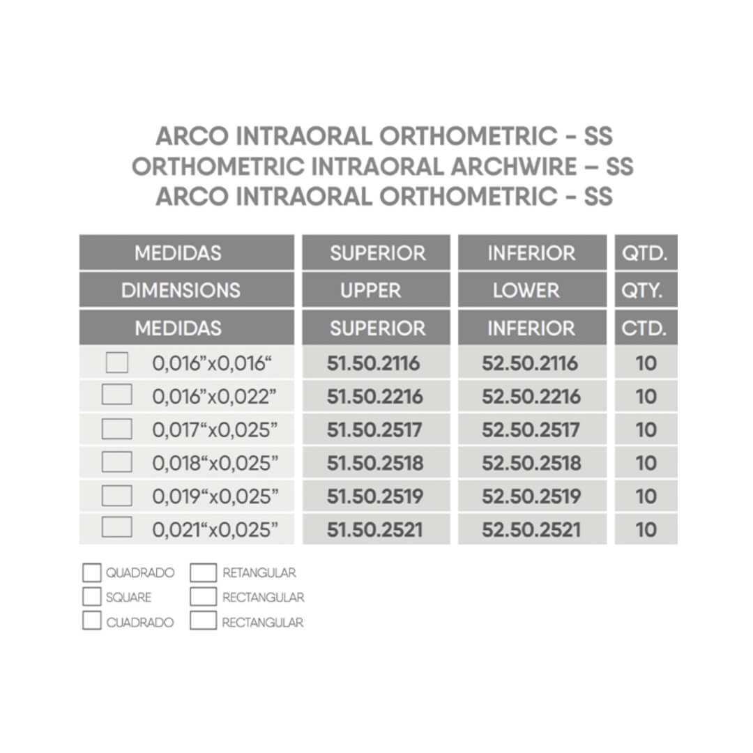 Arco Aço SS Retangular Inferior Orthometric - Dental Access