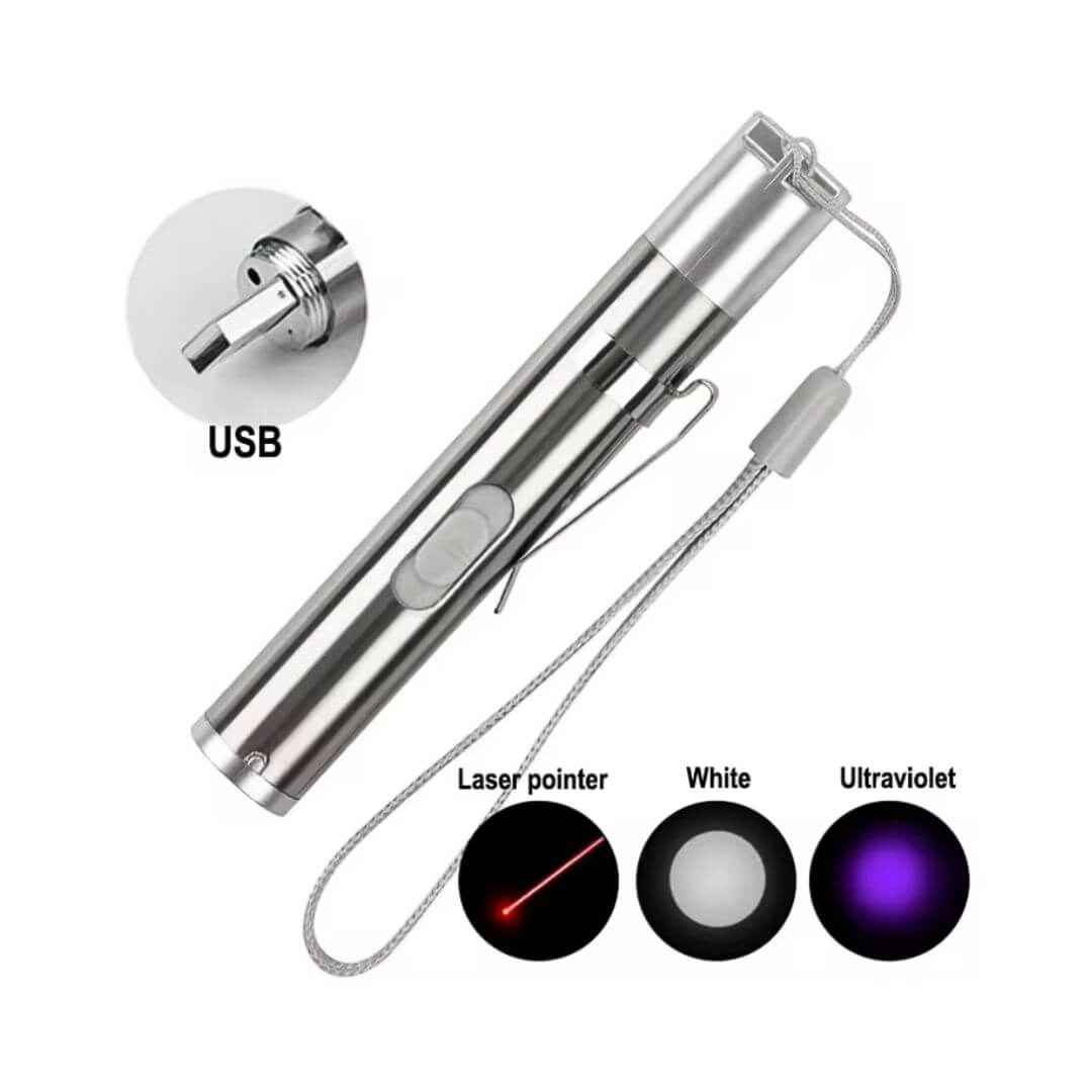 Caneta Luz LED (Branca + UV+ Laser) Inox USB - Dental Access