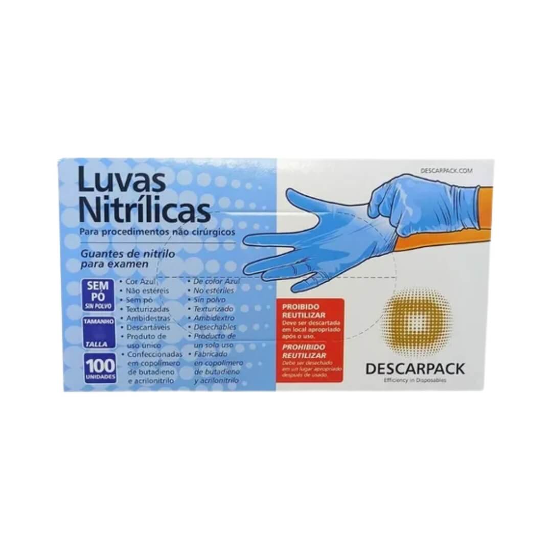 Luva Nitrílica Sem Pó Azul 100 UN - Descarpack