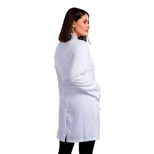 Jaleco Feminino Gabardine Branco Manga Longa Gola Padre Martigale Estampado Dentinhos - Namastê - Dental Access