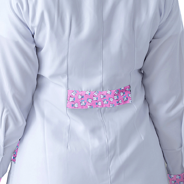 Jaleco Feminino Gabardine Branco Manga Longa Gola Padre e Estampas - Namastê - Dental Access