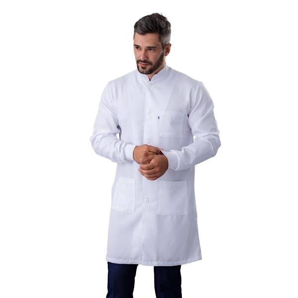 Jaleco Masculino Gabardine Branco Manga Longa Gola Padre e Punho - Namastê