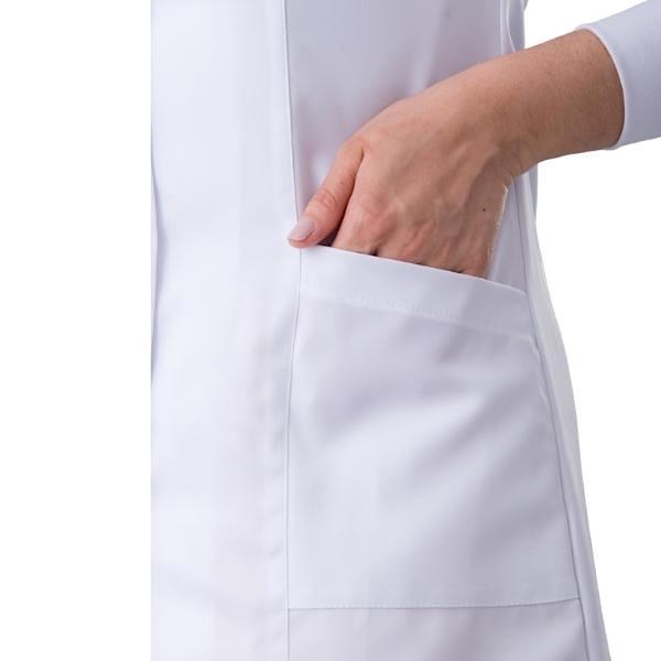 Jaleco Feminino Gabardine Branco Manga Longa Gola Padre Punho de Malha - Namastê - Dental Access