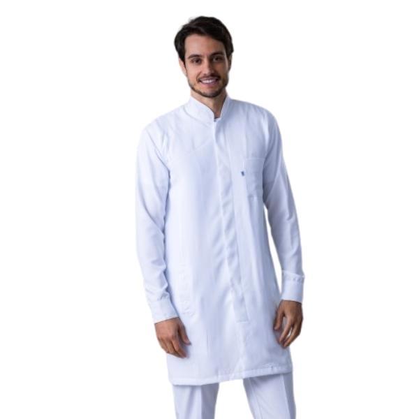 Jaleco Masculino Gabardine Branco Manga Longa Gola Padre Slim Fit - Namastê - Dental Access