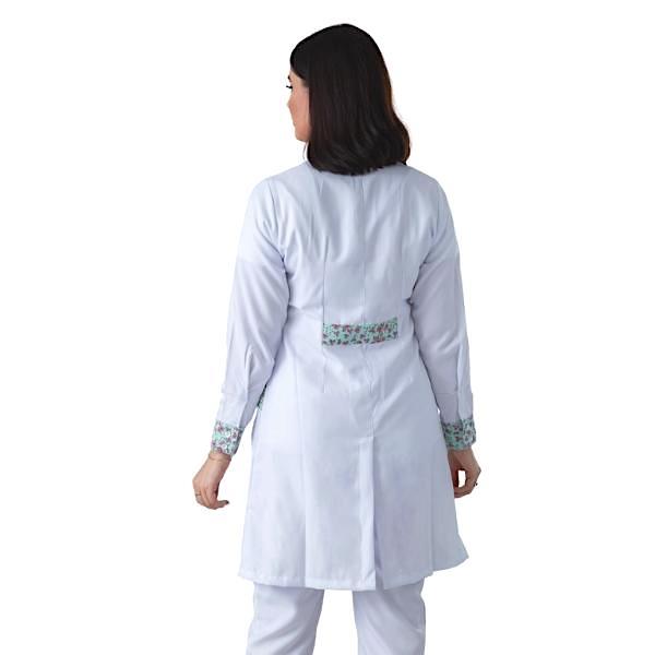 Jaleco Feminino Gabardine Branco Manga Longa Gola Padre e Estampas - Namastê - Dental Access