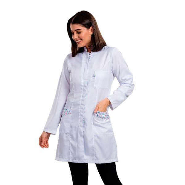 Jaleco Feminino Gabardine Branco Manga Longa Gola Padre Martigale Estampado Dentinhos - Namastê - Dental Access